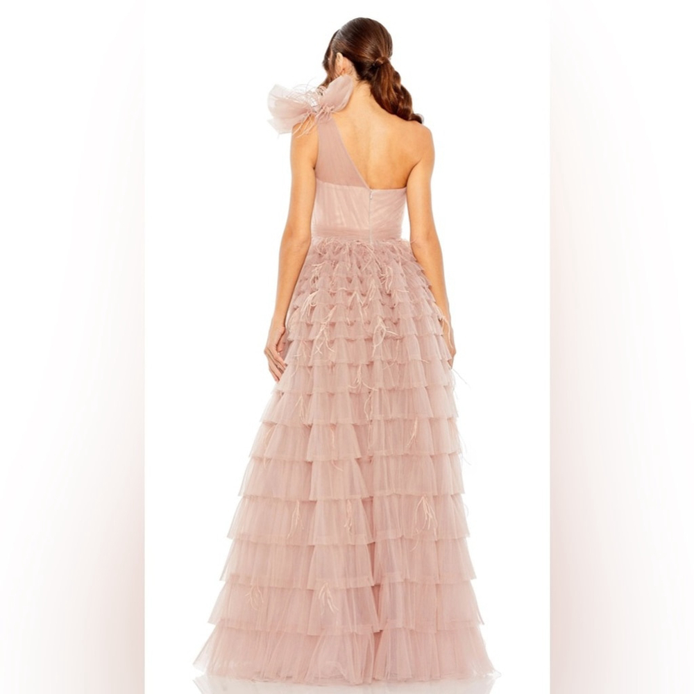 Bow feathered one shoulder ruffled evening gown - Picture 2 of 3